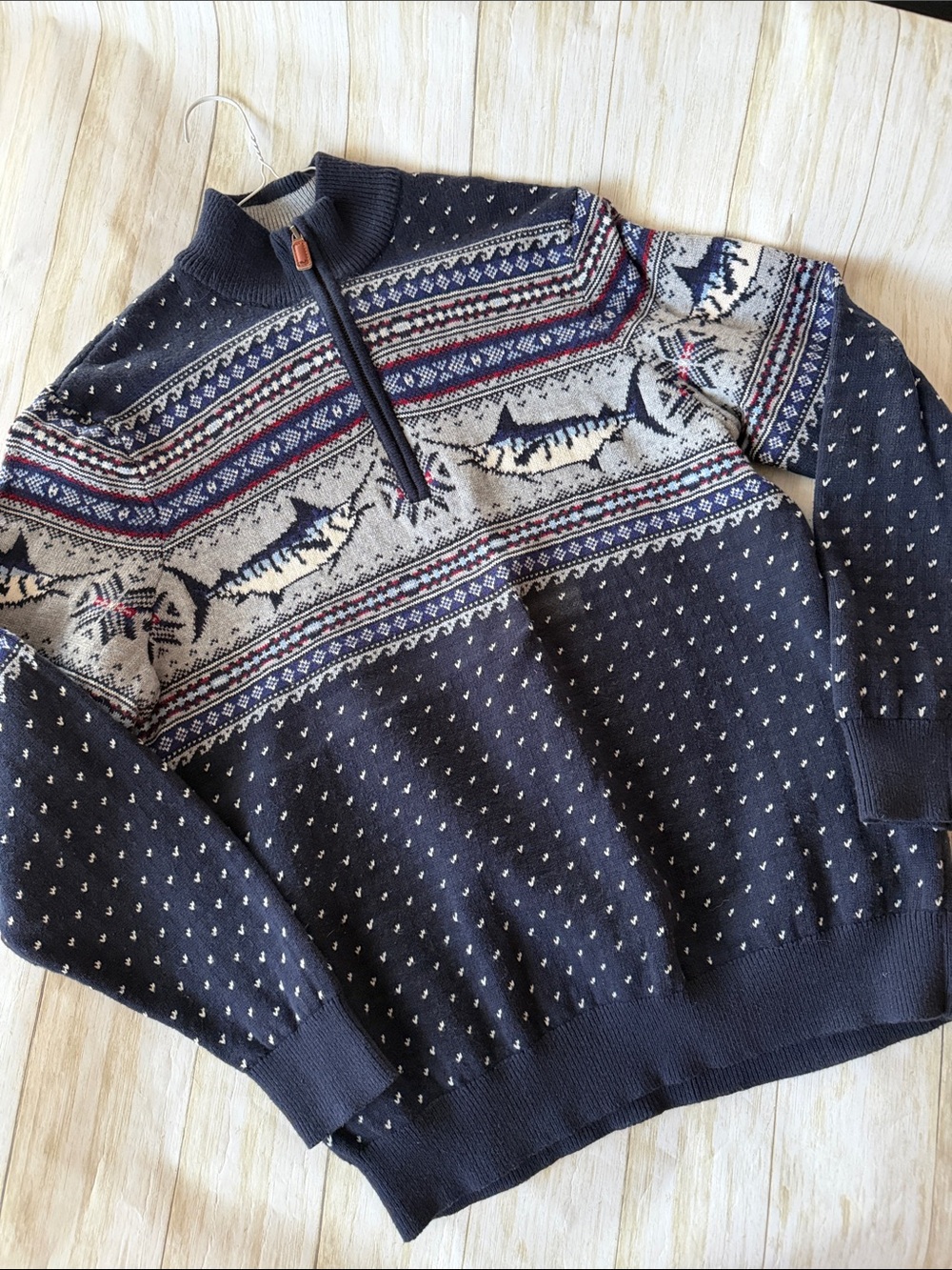 Vineyard Vines Navy and Gray Fair Isle Half-Zip Sweater with Fish Motif